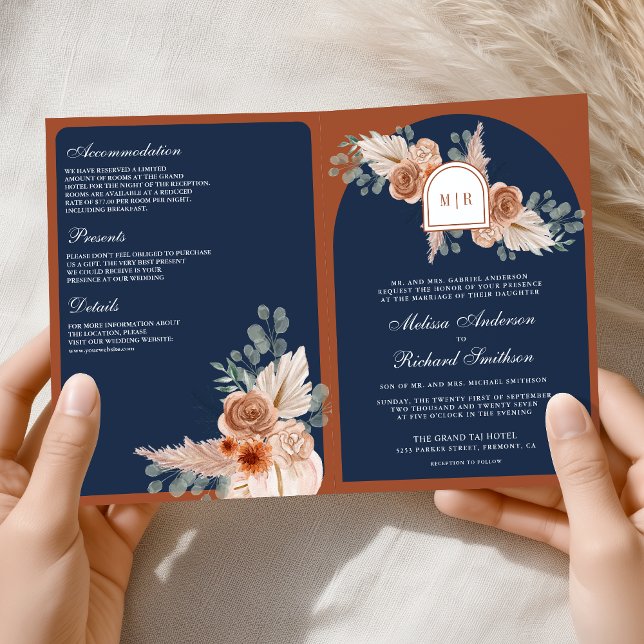 Convite Terracotta Floral Pampas Navy Blue QR Code Wedding (Criador carregado)