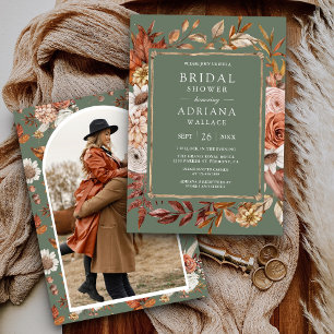 Convite Terracotta Floral Photo Sage Green Chá de panela