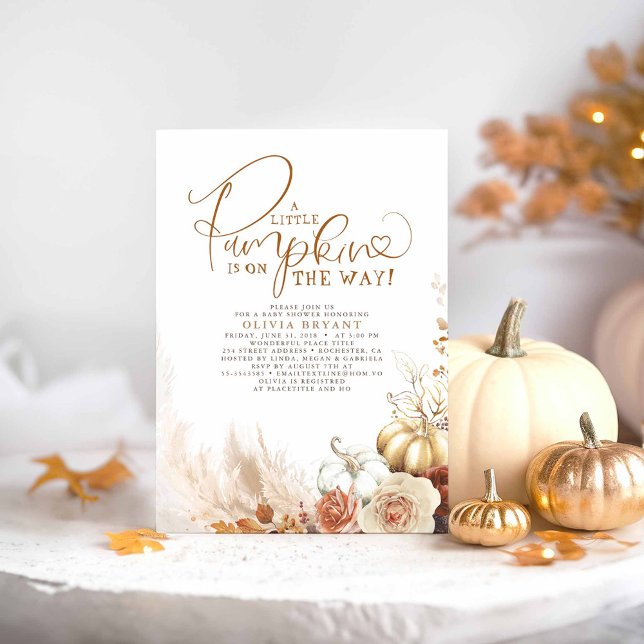 Convite Terracotta Floral Pumpkins Fall Chá de fraldas (A Little Pumpkin Is On The Way - Cute Earthy Floral Pampas Grass Baby Shower Invitations)
