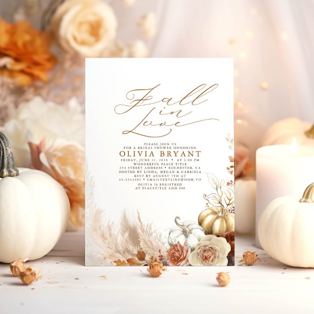 Convite Terracotta Floral Pumpkins Fall Chá de panela (Fall in Love Bridal Shower Invitations featuring Earthy Flowers and Gold Pumpkins)