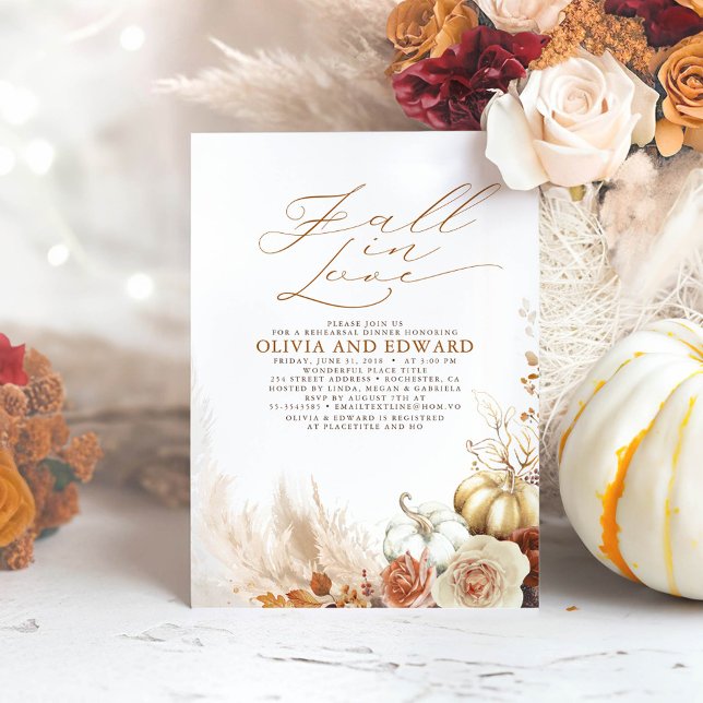 Convite Terracotta Floral Pumpkins janto de Ensaio de Qued (Fall in Love Pumpkins Boho Rehearsal Dinner Invitation)