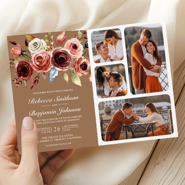Convite Terracotta Floral QR Code Beige Tan Wedding (Criador carregado)