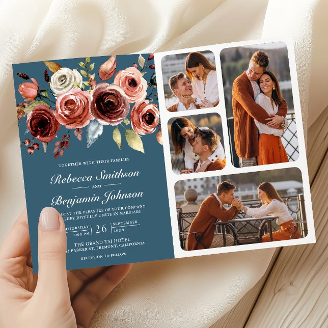Convite Terracotta Floral QR Code Dusty Blue Wedding (Criador carregado)