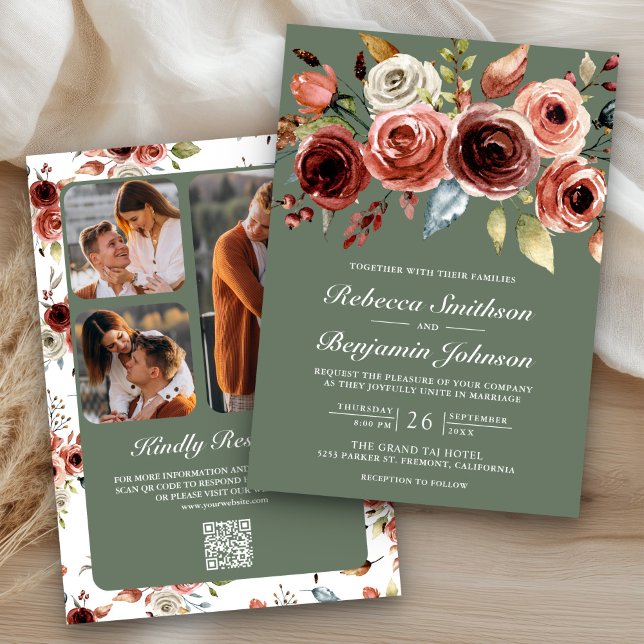 Convite Terracotta Floral Sage Green QR Code Wedding (Criador carregado)