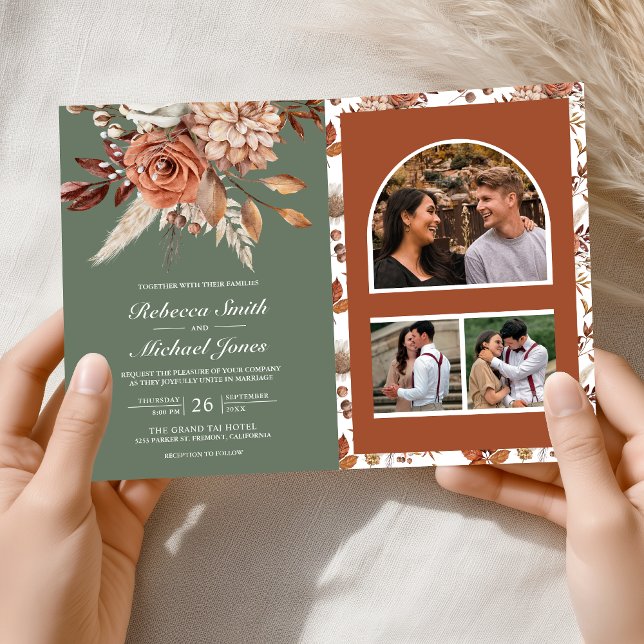 Convite Terracotta Floral Sage Green QR Code Wedding (Criador carregado)