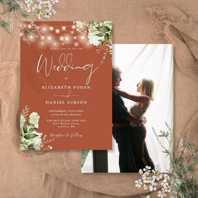 Convite Terracotta Floral String Lights Foto Casamento (Terracotta Floral String Lights Photo Wedding Invitation)