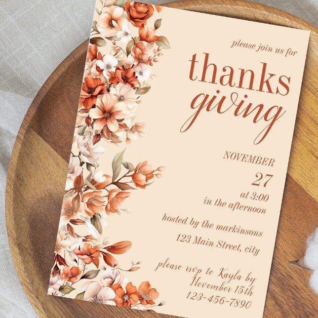 Convite Terracotta Floral Thanksgiving Dinner Invitation (Criador carregado)