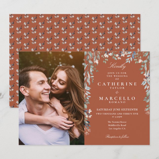 Convite Terracotta Floral Wildflower Foto Casamento (Frente/Verso)