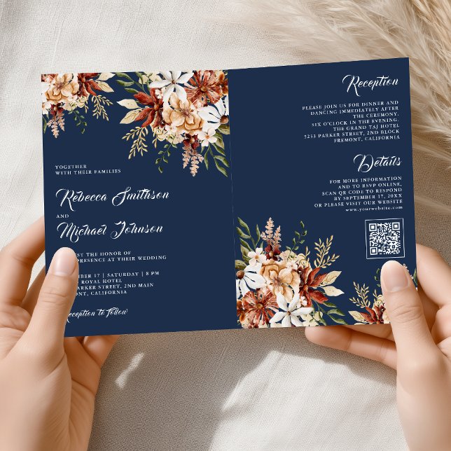 Convite Terracotta Floral Wildflower Navy Blue Wedding (Criador carregado)
