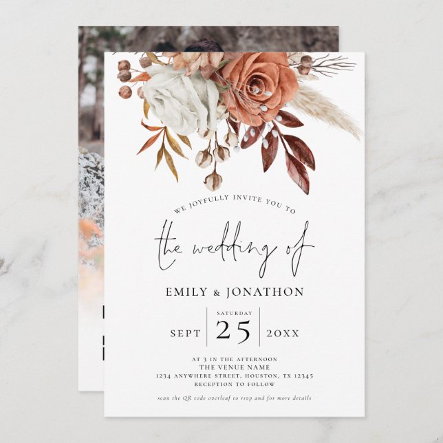 Convite Terracotta Florals Foto Sobreposição Código QR Cas (Frente/Verso)