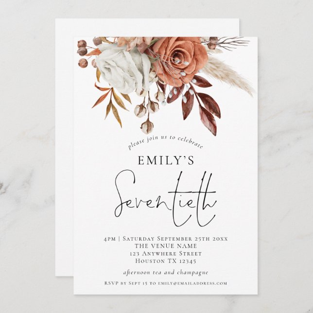 Convite Terracotta Florals Sétima Festa de aniversário (Frente/Verso)