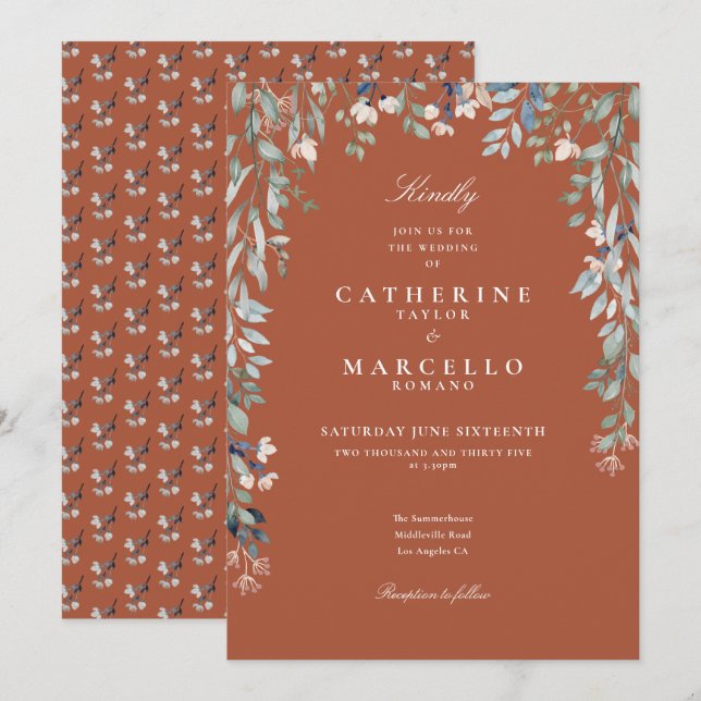 Convite Terracotta Flores Silvestres Flora Verde Casamento (Frente/Verso)