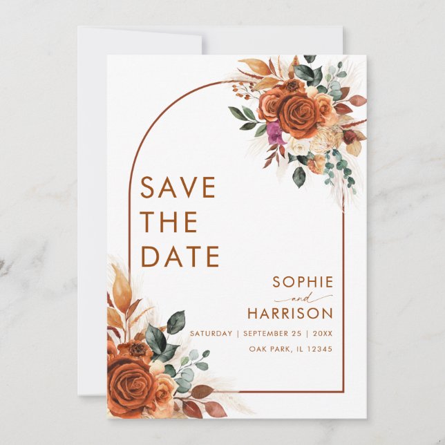 Convite Terracotta Flowers Pampas Grass Rust Salva Dia (Frente)