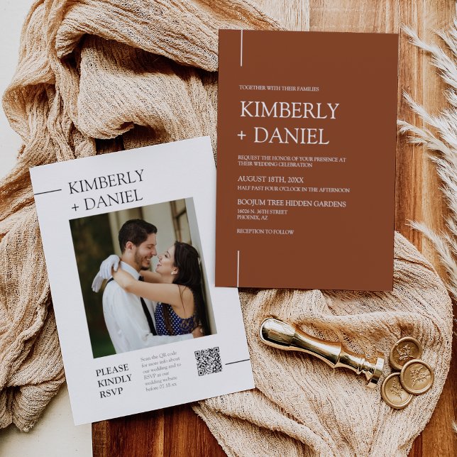 Convite Terracotta Foto do Código QR de Casamento Mínimo M (Criador carregado)