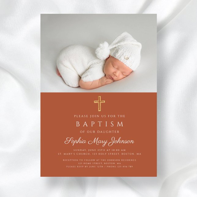 Convite Terracotta Foto Religiosa Batismo (Terracotta Religious Cross Photo Baptism Invitation)