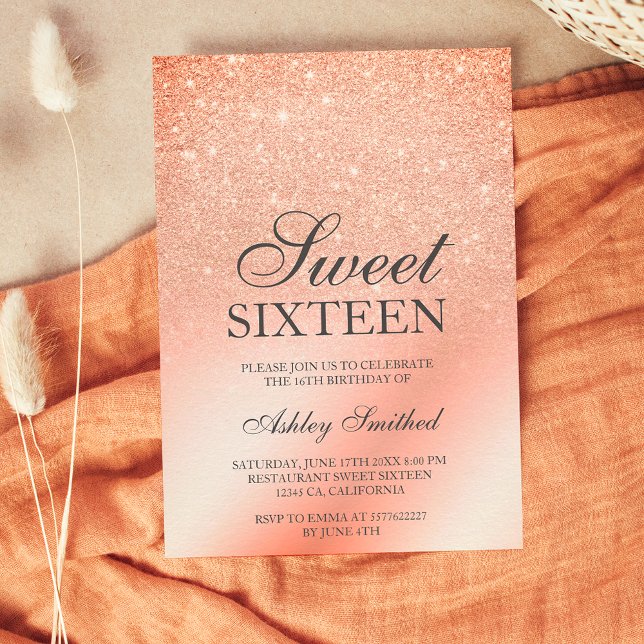 Convite Terracotta glitter ombre metal chic Sweet 16 (Criador carregado)