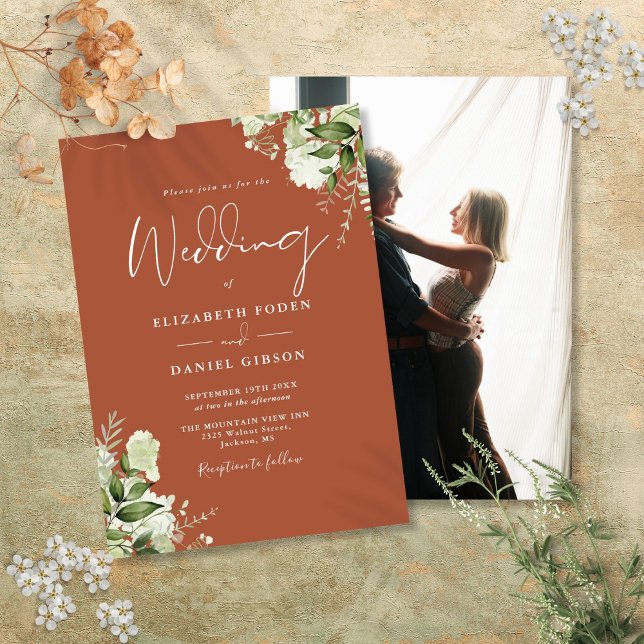 Convite Terracotta Greenery Deixa Casamento Fotográfico El (Terracotta Greenery Leaves Elegant Photo Wedding Invitation)