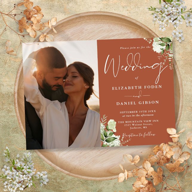 Convite Terracotta Greenery Foto Floral Casamento (Terracotta Greenery Floral Photo Wedding Invitation)