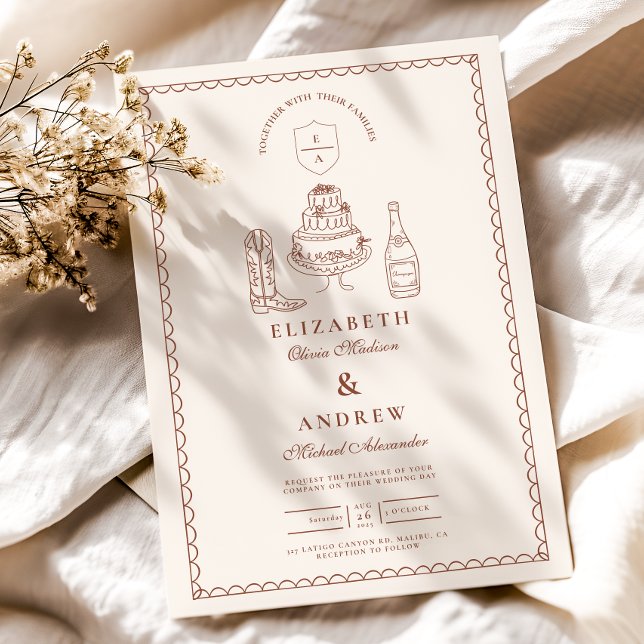 Convite Terracotta Hand Drawn Funky Western Doodle Casamen (Criador carregado)