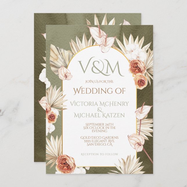 Convite Terracotta & Khaki Palm Deixa Casamento Tropical E (Frente/Verso)