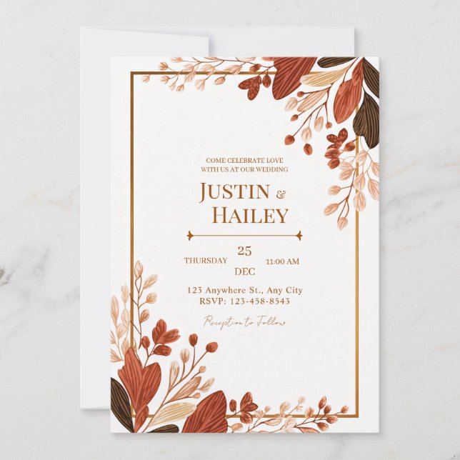 Convite Terracotta Line Leaf Gilded Botanical Wedding (Frente)
