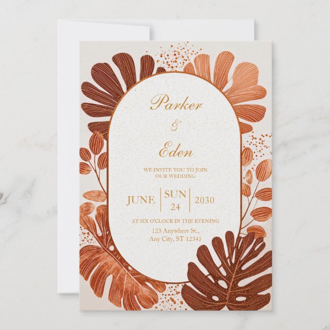 Convite Terracotta Line Monstera Gold Arch Wedding (Frente)