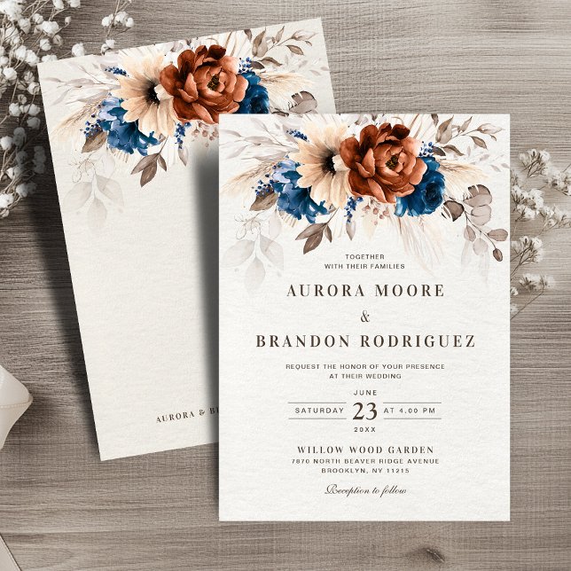 Convite Terracotta Marinho Azul Pampas Grass Botânica Wedd (Terracotta Navy Blue Pampas Grass Botanical Wedding Invitation)