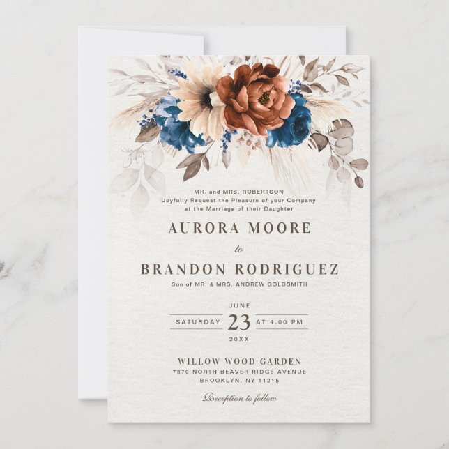 Convite Terracotta Marinho Azul Pampas Grass Botânica Wedd (Frente)