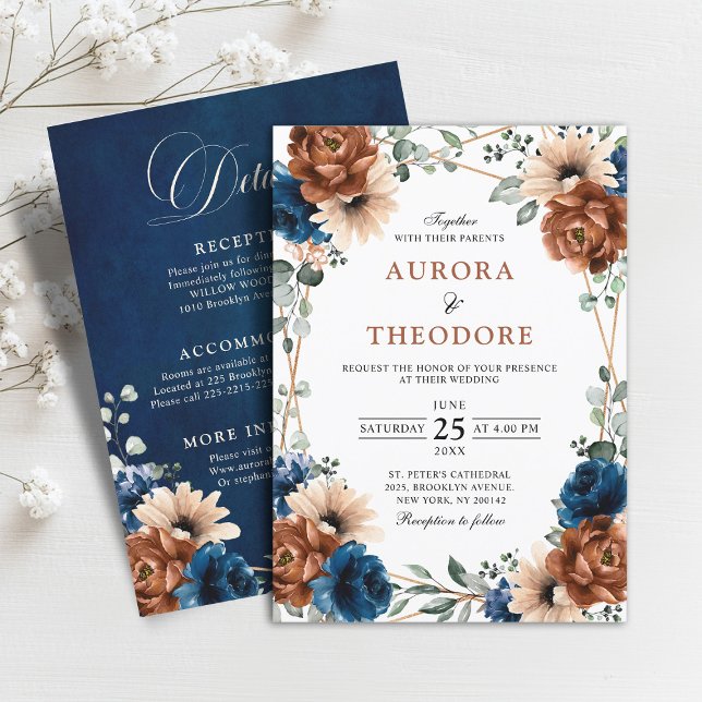 Convite Terracotta Marinho Casamento Geométrico Tudo Em Um (Terracotta Navy Geometric Wedding All In one Invitation)