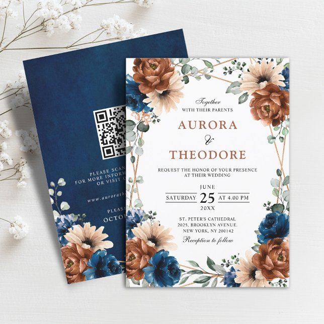Convite Terracotta Marinho Greenery Geométrico Casamento C (Terracotta Navy Blue Greenery Geometric Wedding QR Code Invitation)