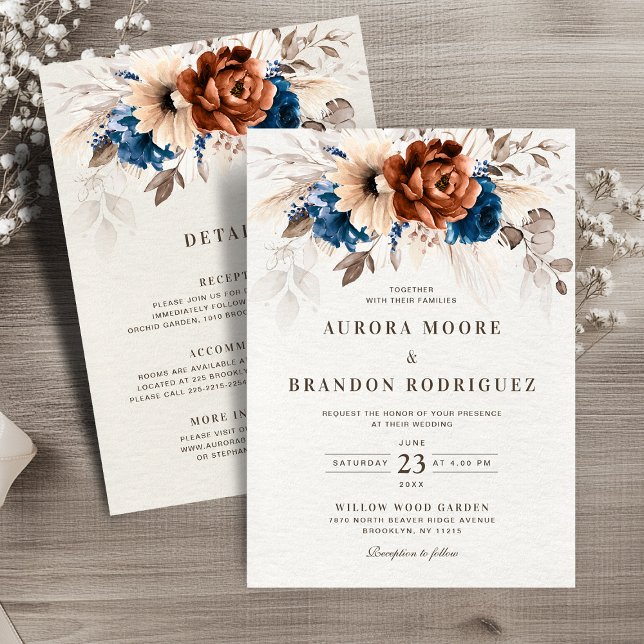 Convite Terracotta Marinho Pampas Grass em Um Casamento (Terracotta Navy Pampas Grass All in One Details Wedding Invitation)