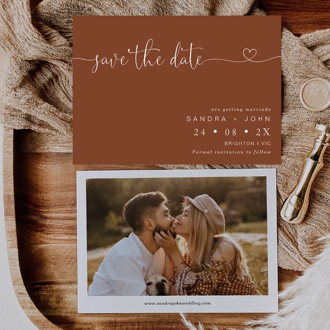 Convite Terracotta Minimalist Heart Save The Date Card (Minimalist terracotta and calligraphy with heart wedding save the date with photo on the back.)