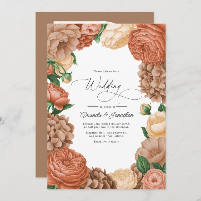 Convite Terracotta, Mocha & Champagne Floral Wedding (Frente/Verso)