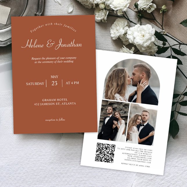 Convite Terracotta Modern QR Código Foto Elegante Casament (Terracotta Modern QR Code Photo Elegant Wedding Invitation)