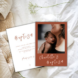 Convite Terracotta Modern Script Baby Photo Baptism