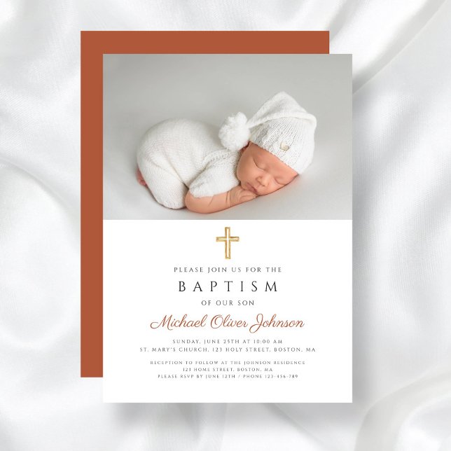 Convite Terracotta Moderna Cruz Religiosa Foto Batismo (Terracotta Modern Religious Cross Photo Baptism Invitation)