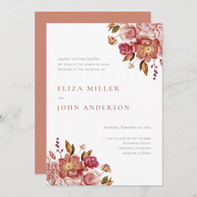 Convite Terracotta Moderna Rustic Watercolor Casamento Flo (Frente/Verso)