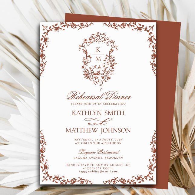 Convite Terracotta Monograma Vintage Crest Janto de ensaio (Criador carregado)