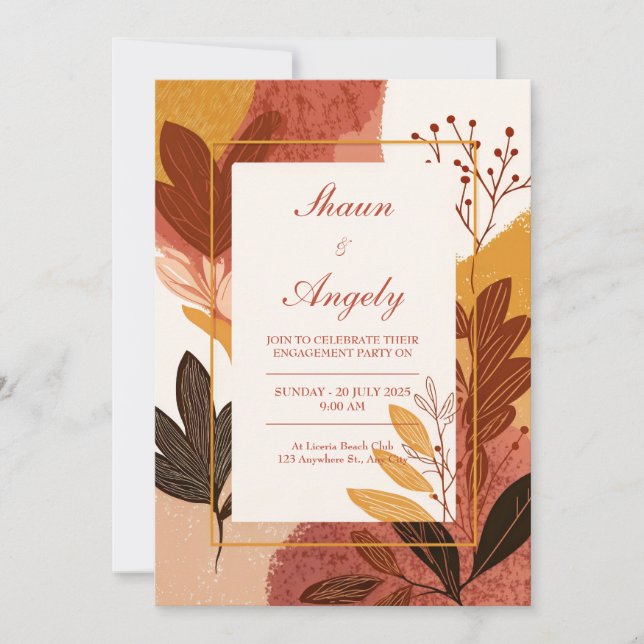 Convite Terracotta Mustard Abstract Leaf Wedding (Frente)