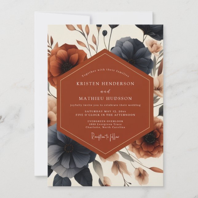 Convite Terracotta Navy Bloom Autumn Wedding (Frente)