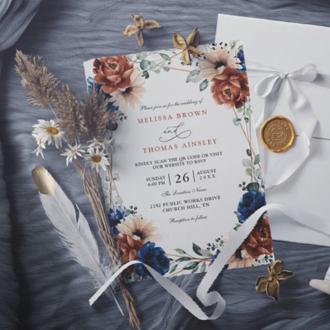 Convite Terracotta Navy Blue Greenery Chic QR Code Wedding (Criador carregado)