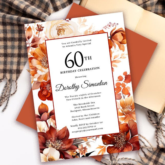 Convite Terracotta Orange Fall Flowers 60º Aniversário (Need a matching autumn floral Welcome sign? Message me! Party supplies available too!)