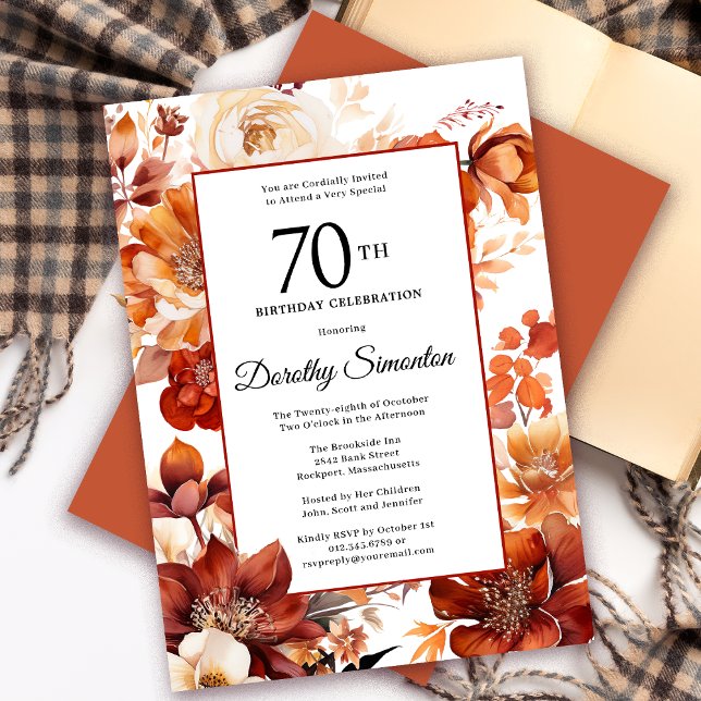 Convite Terracotta Orange Fall Flowers 70 Birthday (Need a matching autumn floral Welcome Sign? Message me! Party supplies available too!)