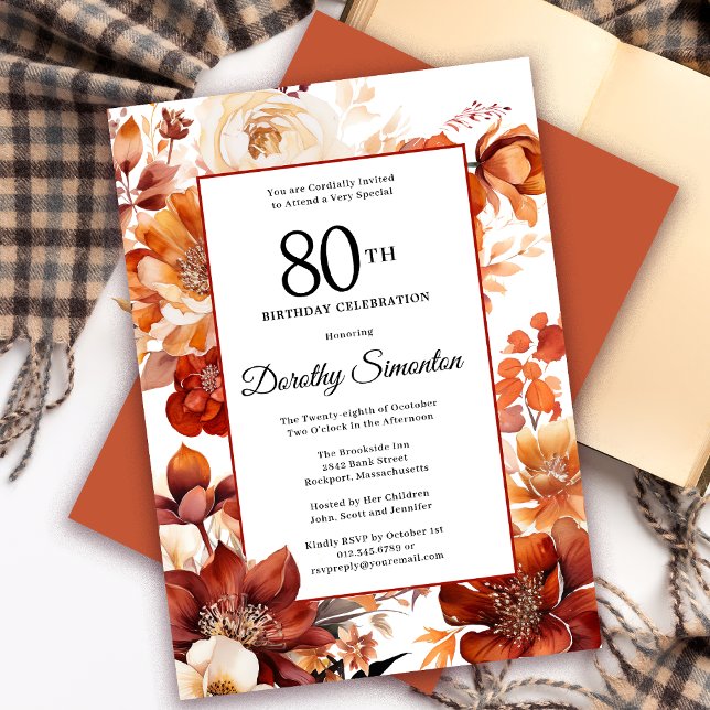 Convite Terracotta Orange Fall Flowers 80 Birthday (Need a matching autumn floral Welcome Sign? Message me! Party supplies available too!)