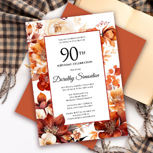 Convite Terracotta Orange Fall Flowers 90 Birthday