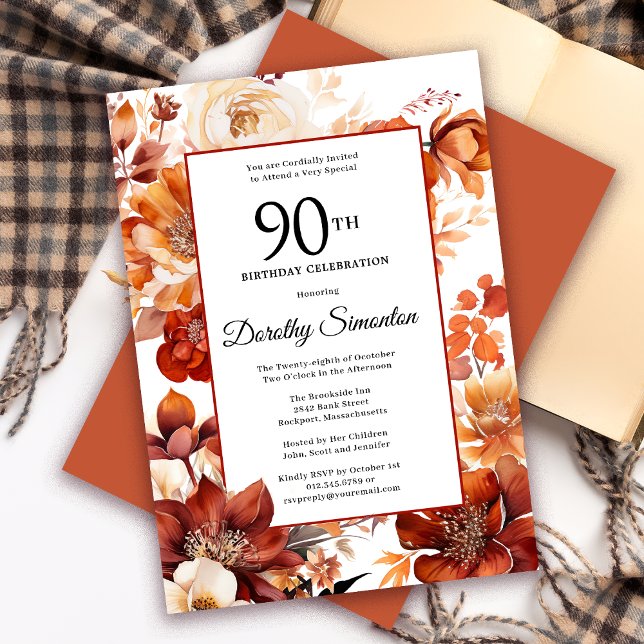 Convite Terracotta Orange Fall Flowers 90 Birthday (Need a matching fall Floral Welcome sign? Message me! Party supplies available too.)