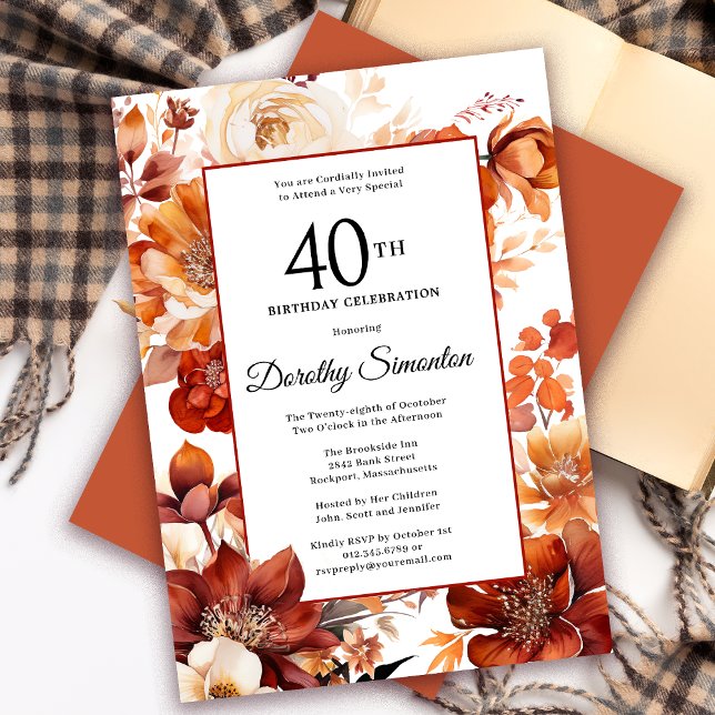 Convite Terracotta Orange Fall Flowers aniversário de 40 a (Need a matching autumn floral Welcome Sign? Message me! Party supplies available too!)