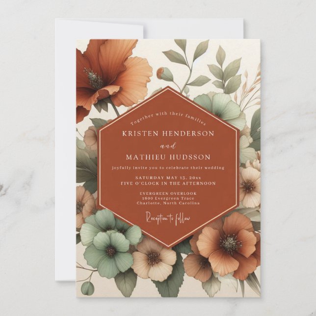 Convite Terracotta Painterly Poppy Wedding (Frente)