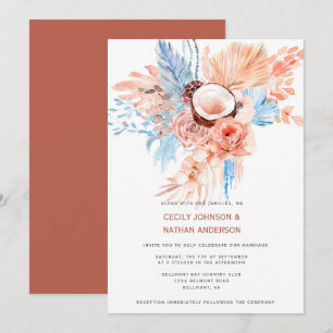 Convite Terracotta & Pale Blue Praia Tropical Casamento  