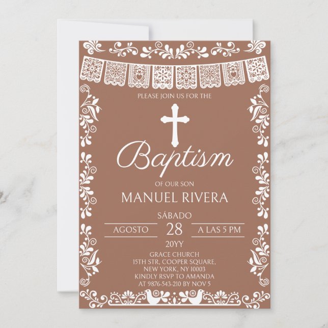 Convite Terracotta Papel Picado Baptism (Frente)
